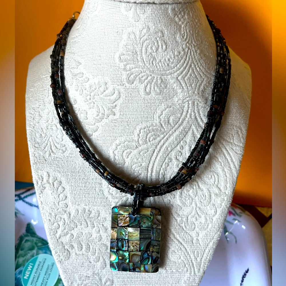 Abalone Stone Pendant Necklace with Seed Beads